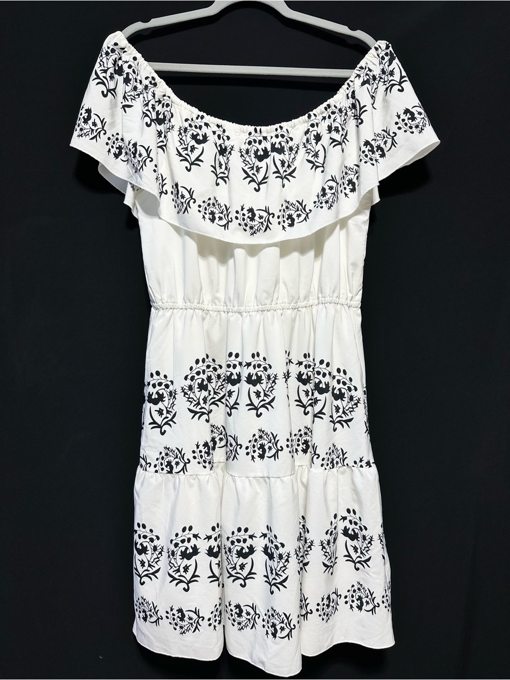 Cleo Petite XL Off Shoulder Floral Print Dress Black White Boho